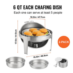 Roll Top Chafing Dish Buffet Set, 5.5L 2 Pack, Stainless Steel Chafer with 2 Full Size Pans, Round Catering Warmer Server with Lid Water Pan Stand Fuel Holder, for at Least 5 People Each