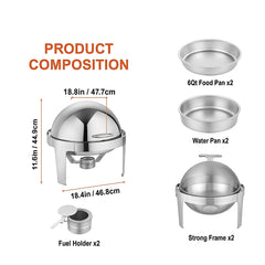 Roll Top Chafing Dish Buffet Set, 5.5L 2 Pack, Stainless Steel Chafer with 2 Full Size Pans, Round Catering Warmer Server with Lid Water Pan Stand Fuel Holder, for at Least 5 People Each