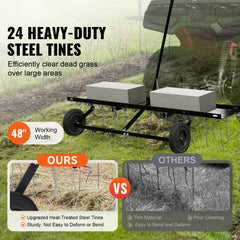 Tow Behind Dethatcher, 1219mm Tow Dethatcher with 24 Spring Steel Tines, Lawn Dethatcher Rake for ATV or Mower, Tow Behind Lawn Rake with Lift Handle for Garden Farm Grass
