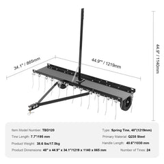 Tow Behind Dethatcher, 1219mm Tow Dethatcher with 24 Spring Steel Tines, Lawn Dethatcher Rake for ATV or Mower, Tow Behind Lawn Rake with Lift Handle for Garden Farm Grass