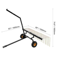 Tow Behind Dethatcher, 1.5m Tow Dethatcher with 24 Steel Tines, Lawn Dethatcher Rake for ATV or Mower, Tow Behind Lawn Rake with Lift Handle for Leaves, Pine Needles, and Grass