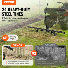 Tow Behind Dethatcher, 1.5m Tow Dethatcher with 24 Steel Tines, Lawn Dethatcher Rake for ATV or Mower, Tow Behind Lawn Rake with Lift Handle for Leaves, Pine Needles, and Grass