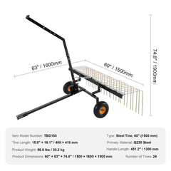 Tow Behind Dethatcher, 1.5m Tow Dethatcher with 24 Steel Tines, Lawn Dethatcher Rake for ATV or Mower, Tow Behind Lawn Rake with Lift Handle for Leaves, Pine Needles, and Grass