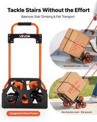 Stair Climbing Cart, 54 kg Stair-Climbing Capacity, Portable Folding Trolley Cart with Telescoping Handle, 6 Wheels and 2 Bungee Cords, Stair Climber Dolly for Home, Groceries, Warehouse
