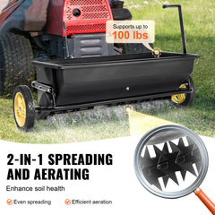 Broadcast Spreader, 100 LB Tow Behind Poly Drop Spreader with 10" Wheels, Steel Spike Aerator, Fertilizer Spreader, Garden Seeder, and Salt Spreader, for Residential, Farm, Tough Terrain, Black