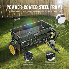 Broadcast Spreader, 100 LB Tow Behind Poly Drop Spreader with 10" Wheels, Steel Spike Aerator, Fertilizer Spreader, Garden Seeder, and Salt Spreader, for Residential, Farm, Tough Terrain, Black