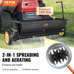 Broadcast Spreader, 100 LB Tow Behind Poly Drop Spreader with 10" Wheels, Steel Spike Aerator, Fertilizer Spreader, Garden Seeder, and Salt Spreader, for Residential, Farm, Tough Terrain, Black