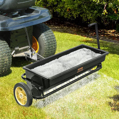 Broadcast Spreader, 100 LB Tow Behind Poly Drop Spreader with 10" Wheels, Steel Spike Aerator, Fertilizer Spreader, Garden Seeder, and Salt Spreader, for Residential, Farm, Tough Terrain, Black