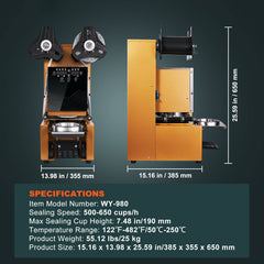 Fully Automatic Cup Sealing Machine, 500-650 Cups/H, Cup Sealer Machine for 190 mm Tall & 90/95 mm Cup, Electric Boba Tea Sealer with Digital Control LCD Panel for Bubble Milk Tea Coffee, Gold