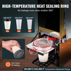 Fully Automatic Cup Sealing Machine, 500-650 Cups/H, Cup Sealer Machine for 180 mm Tall & 90/95 mm Cup, Electric Boba Tea Sealer with Digital Control LCD Panel for Bubble Milk Tea Coffee, Gold