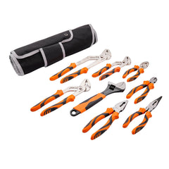 Pliers Set, 8-Piece, High Carbon Steel, 30.5cm/25.4cm/20.3cm Groove Joint Pliers, 20.3cm Linesman's Pliers, 15.2cm Slip Joint Pliers, 20.3cm Long Nose Pliers, 15.2cm Diagonal Cutter, 25.4cm Adjustable Wrench, and Tool Bag