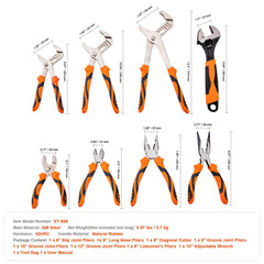 Pliers Set, 8-Piece, High Carbon Steel, 30.5cm/25.4cm/20.3cm Groove Joint Pliers, 20.3cm Linesman's Pliers, 15.2cm Slip Joint Pliers, 20.3cm Long Nose Pliers, 15.2cm Diagonal Cutter, 25.4cm Adjustable Wrench, and Tool Bag