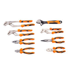 Pliers Set, 8-Piece, High Carbon Steel, 30.5cm/25.4cm/20.3cm Groove Joint Pliers, 20.3cm Linesman's Pliers, 15.2cm Slip Joint Pliers, 20.3cm Long Nose Pliers, 15.2cm Diagonal Cutter, 25.4cm Adjustable Wrench, and Tool Bag