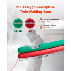 Oxygen Acetylene Hose, 1/4-Inch x 25FT Oxy Acetylene Hose with 9/16"-18 LH/RH B Fittings, R Grade Welding Torch Twin Hose with 300PSI Maximum Working Pressure for Cutting Soldering Brazing