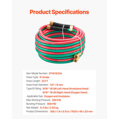 Oxygen Acetylene Hose, 1/4-Inch x 25FT Oxy Acetylene Hose with 9/16"-18 LH/RH B Fittings, R Grade Welding Torch Twin Hose with 300PSI Maximum Working Pressure for Cutting Soldering Brazing