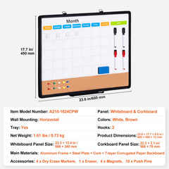 24"x 18" Monthly Calendar Whiteboard & Cork Board Combo with Aluminum Frame – 2-in-1 Magnetic Dry Erase Bulletin Board for Wall Mount – Ideal for School, Home, Office