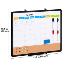 24"x 18" Monthly Calendar Whiteboard & Cork Board Combo with Aluminum Frame – 2-in-1 Magnetic Dry Erase Bulletin Board for Wall Mount – Ideal for School, Home, Office