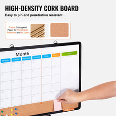24"x 18" Monthly Calendar Whiteboard & Cork Board Combo with Aluminum Frame – 2-in-1 Magnetic Dry Erase Bulletin Board for Wall Mount – Ideal for School, Home, Office