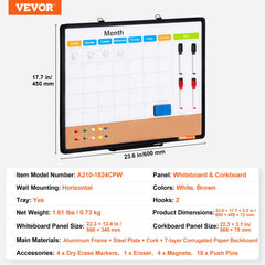 24"x 18" Monthly Calendar Whiteboard & Cork Board Combo with Aluminum Frame – 2-in-1 Magnetic Dry Erase Bulletin Board for Wall Mount – Ideal for School, Home, Office