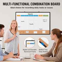 36"x 24" Monthly Calendar Whiteboard & Cork Board Combo with Aluminum Frame – 2-in-1 Magnetic Dry Erase Bulletin Board for Wall Mount – Ideal for School, Home, Office