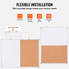 48"x 36" Whiteboard & Cork Board Combo with Aluminum Frame – 2-in-1 Magnetic Dry Erase Bulletin Board for Wall Mount – Ideal for School, Home, Office
