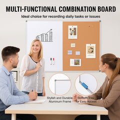 48"x 36" Whiteboard & Cork Board Combo with Aluminum Frame – 2-in-1 Magnetic Dry Erase Bulletin Board for Wall Mount – Ideal for School, Home, Office