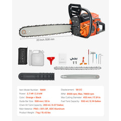 58 cc Gas Chainsaw, 508 mm Gas Powered Chainsaw, 2.0 kW Power Chain Saw with Non-Slip Handle, Gas-Powered Chainsaws with Dual Fuel Tanks, For Wood Cutting, Tree Trimming, and Land Clearing