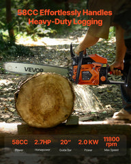 58 cc Gas Chainsaw, 508 mm Gas Powered Chainsaw, 2.0 kW Power Chain Saw with Non-Slip Handle, Gas-Powered Chainsaws with Dual Fuel Tanks, For Wood Cutting, Tree Trimming, and Land Clearing