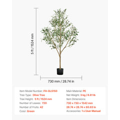 150cm Artificial Olive Tree with Black Pot, Tall Fake Tree with Natural Wood Trunk & Realistic Green Leaves and Fruits, Indoor Faux Plant for Home, Office, Living Room, Corner Decor