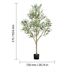 150cm Artificial Olive Tree with Black Pot, Tall Fake Tree with Natural Wood Trunk & Realistic Green Leaves and Fruits, Indoor Faux Plant for Home, Office, Living Room, Corner Decor