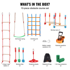Ninja Warrior Obstacle Course for Kids, 15.24 m Weatherproof Slacklines, 500lbs Weight Capacity Monkey Line, Outdoor Playset Equipment, Backyard Toys Training Equipment Set with 10 Obstacles
