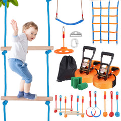 Ninja Warrior Obstacle Course for Kids, 2 x 17m Weatherproof Slacklines, 227kg Weight Capacity Monkey Line, Outdoor Playset Equipment, Backyard Toys Training Equipment Set with 12 Obstacles
