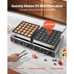 50PCS Mini Dutch Pancake Maker, Non-stick Stainless Steel Dorayaki Baker, 1800W Commercial Electric Poffertjes Grill Pan, Dual Temp & Time Control, for Kitchen Restaurant Breakfast Dessert