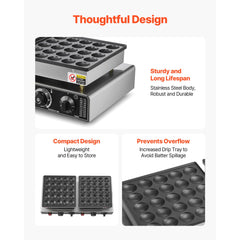 50PCS Mini Dutch Pancake Maker, Non-stick Stainless Steel Dorayaki Baker, 1800W Commercial Electric Poffertjes Grill Pan, Dual Temp & Time Control, for Kitchen Restaurant Breakfast Dessert