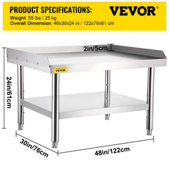 Stainless Steel Equipment Grill Stand, 122 x 76 x 61cm Stainless Table, Grill Stand Table with Adjustable Storage Undershelf, Equipment Stand Grill Table for Hotel, Home, Restaurant Kitchen