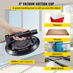 Glass Suction Cup, 8'' Vacuum Suction Cup, 220lbs Load Capacity Vacuum Glass Lifter with Plastic Handle, Heavy-Duty Hand-Held Glass Lifter For Granite & Glass Lifting, With a free case