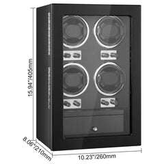 Watch Winder, Watch Winder for 4 Men's and Women's Automatic Watches, with 4 Super Quiet Japanese Mabuchi Motors, Blue LED Light and Adapter, High-Density Board Shell and Black PU