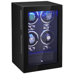 Watch Winder, Watch Winder for 4 Men's and Women's Automatic Watches, with 4 Super Quiet Japanese Mabuchi Motors, Blue LED Light and Adapter, High-Density Board Shell and Black PU