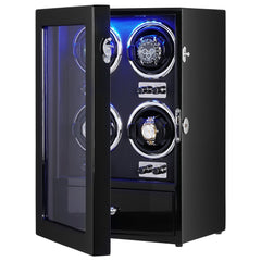 Watch Winder, Watch Winder for 4 Men's and Women's Automatic Watches, with 4 Super Quiet Japanese Mabuchi Motors, Blue LED Light and Adapter, High-Density Board Shell and Black PU