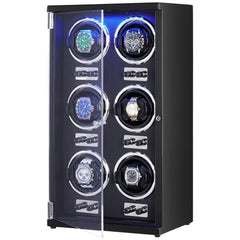 Watch Winder, Watch Winder for 6 Men's and Women's Automatic Watches, with 6 Super Quiet Japanese Mabuchi Motors, Blue LED Light and Adapter, High-Density Board Shell and Black PU