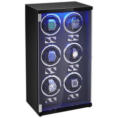 Watch Winder, Watch Winder for 6 Men's and Women's Automatic Watches, with 6 Super Quiet Japanese Mabuchi Motors, Blue LED Light and Adapter, High-Density Board Shell and Black PU