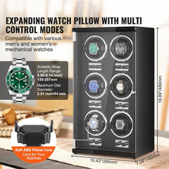 Watch Winder, Watch Winder for 6 Men's and Women's Automatic Watches, with 6 Super Quiet Japanese Mabuchi Motors, Blue LED Light and Adapter, High-Density Board Shell and Black PU