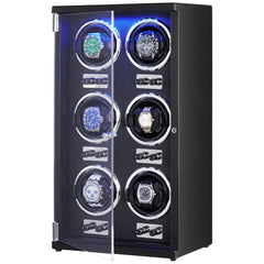 Watch Winder, Watch Winder for 6 Men's and Women's Automatic Watches, with 6 Super Quiet Japanese Mabuchi Motors, Blue LED Light and Adapter, High-Density Board Shell and Black PU