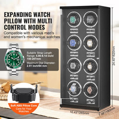 Watch Winder, Watch Winder for 8 Men's and Women's Automatic Watches, with 8 Super Quiet Japanese Mabuchi Motors, Blue LED Light and Adapter, High-Density Board Shell and Black PU