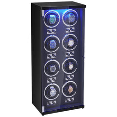 Watch Winder, Watch Winder for 8 Men's and Women's Automatic Watches, with 8 Super Quiet Japanese Mabuchi Motors, Blue LED Light and Adapter, High-Density Board Shell and Black PU