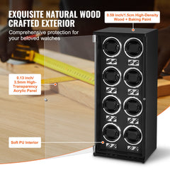 Watch Winder, Watch Winder for 8 Men's and Women's Automatic Watches, with 8 Super Quiet Japanese Mabuchi Motors, Blue LED Light and Adapter, High-Density Board Shell and Black PU