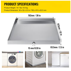 32 x 30 x 2.5 Inch Washing Machine Pan 18 GA Thickness 304 Stainless Steel Heavy Duty Compact Washer Drip Tray with Drain Hole & Hose Adapter