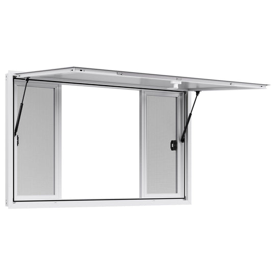 Concession Window 1524x915 mm, Aluminum Alloy Service Window for Food Truck, Up to 85 Degrees Stand Serving Window with 4 Sliding Windows, Awning Door, and Drag Hook, for Concession Trailers