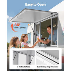 Concession Window 1524x915 mm, Aluminum Alloy Service Window for Food Truck, Up to 85 Degrees Stand Serving Window with 4 Sliding Windows, Awning Door, and Drag Hook, for Concession Trailers