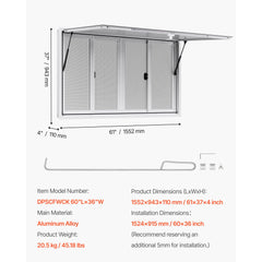Concession Window 1524x915 mm, Aluminum Alloy Service Window for Food Truck, Up to 85 Degrees Stand Serving Window with 4 Sliding Windows, Awning Door, and Drag Hook, for Concession Trailers